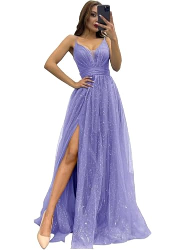 Infuness Damen Tüll Spaghettiträger Abendkleider Lange Glitzer Starry Brautjungfernkleid V-Ausschnitt Partyballkleider mit Schlitz von Infuness