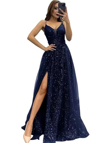 Infuness Damen Tüll Spaghettiträger Abendkleider Lange Glitzer Starry Brautjungfernkleid V-Ausschnitt Partyballkleider mit Schlitz von Infuness