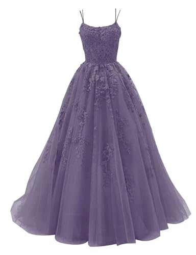 Infuness Damen Tüll Spaghettiträger Ballkleider Lange Spitzenapplikationen Ballkleider A Linie formelle Party Abendkleider von Infuness