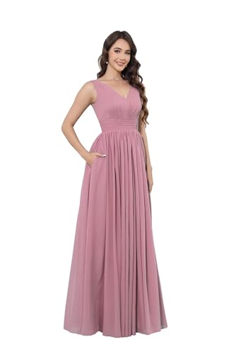 Infuness Damen V-Ausschnitt Chiffon Ballkleid Lang Chiffon brautjungfernkleider Ärmellos Abendkleid Hohe Taille von Infuness