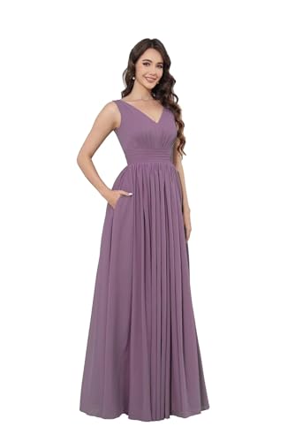 Infuness Damen V-Ausschnitt Chiffon Ballkleid Lang Chiffon brautjungfernkleider Ärmellos Abendkleid Hohe Taille von Infuness