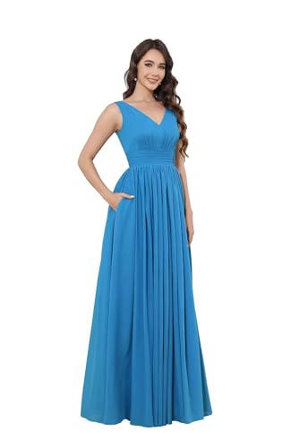 Infuness Damen V-Ausschnitt Chiffon Ballkleid Lang Chiffon brautjungfernkleider Ärmellos Abendkleid Hohe Taille von Infuness