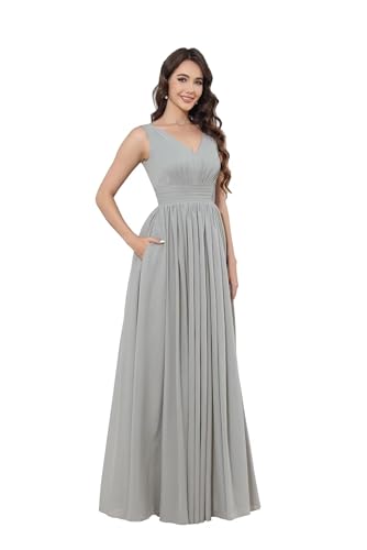 Infuness Damen V-Ausschnitt Chiffon Ballkleid Lang Chiffon brautjungfernkleider Ärmellos Abendkleid Hohe Taille von Infuness