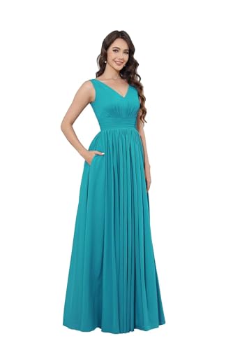 Infuness Damen V-Ausschnitt Chiffon Ballkleid Lang Chiffon brautjungfernkleider Ärmellos Abendkleid Hohe Taille von Infuness
