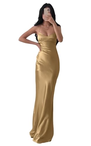 Infuness Damen V-Ausschnitt Satin Brautjungfernkleider Lange Spaghettiträgern Meerjungfrau Abendkleid mit Schlitz von Infuness