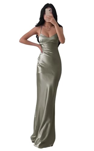 Infuness Damen V-Ausschnitt Satin Brautjungfernkleider Lange Spaghettiträgern Meerjungfrau Abendkleid mit Schlitz von Infuness