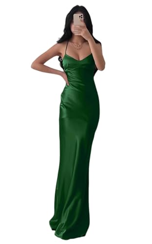 Infuness Damen V-Ausschnitt Satin Brautjungfernkleider Lange Spaghettiträgern Meerjungfrau Abendkleid mit Schlitz von Infuness