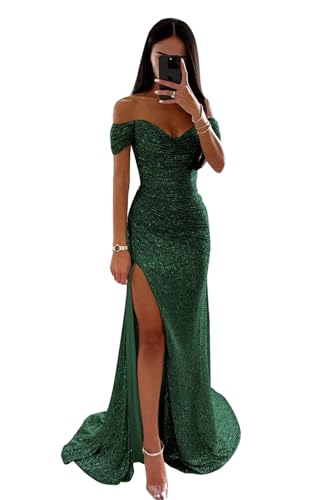 Infuness Frauen Pailletten Abschlussballkleider Meerjungfrau V-Ausschnitt Schlitz Funkelnd formelle Abendballkleider von Infuness