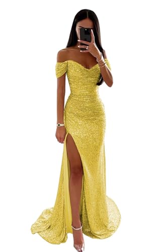 Infuness Frauen Pailletten Abschlussballkleider Meerjungfrau V-Ausschnitt Schlitz Funkelnd formelle Abendballkleider von Infuness