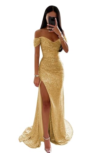 Infuness Frauen Pailletten Abschlussballkleider Meerjungfrau V-Ausschnitt Schlitz Funkelnd formelle Abendballkleider von Infuness