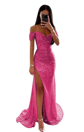 Infuness Frauen Pailletten Abschlussballkleider Meerjungfrau V-Ausschnitt Schlitz Funkelnd formelle Abendballkleider von Infuness