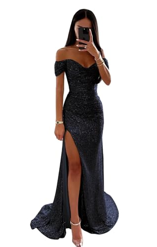 Infuness Frauen Pailletten Abschlussballkleider Meerjungfrau V-Ausschnitt Schlitz Funkelnd formelle Abendballkleider von Infuness