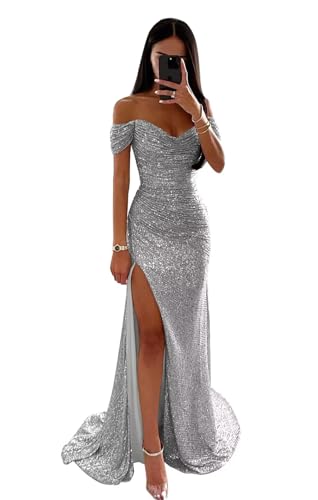 Infuness Frauen Pailletten Abschlussballkleider Meerjungfrau V-Ausschnitt Schlitz Funkelnd formelle Abendballkleider von Infuness