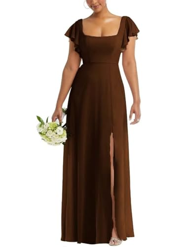 Infuness Hochzeits-Brautjungfernkleider aus Chiffon für Damen Langes Abendkleid Rüschenärmeln Quadratischem Ausschnitt und Schlitz von Infuness