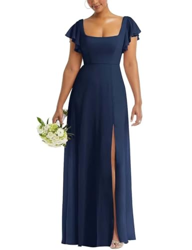 Infuness Hochzeits-Brautjungfernkleider aus Chiffon für Damen Langes Abendkleid Rüschenärmeln Quadratischem Ausschnitt und Schlitz von Infuness
