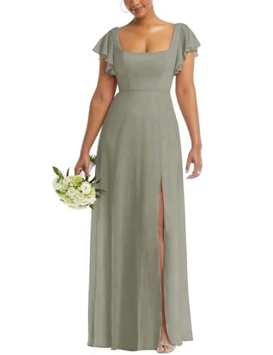 Infuness Hochzeits-Brautjungfernkleider aus Chiffon für Damen Langes Abendkleid Rüschenärmeln Quadratischem Ausschnitt und Schlitz von Infuness