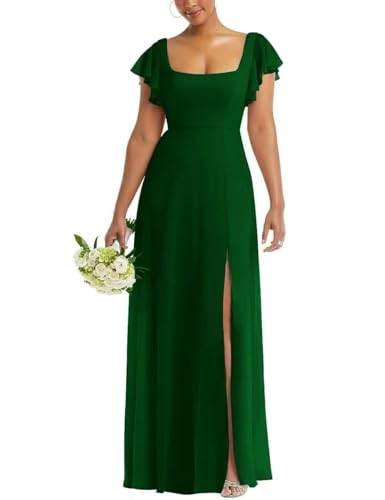 Infuness Hochzeits-Brautjungfernkleider aus Chiffon für Damen Langes Abendkleid Rüschenärmeln Quadratischem Ausschnitt und Schlitz von Infuness