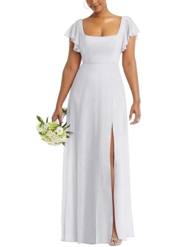 Infuness Hochzeits-Brautjungfernkleider aus Chiffon für Damen Langes Abendkleid Rüschenärmeln Quadratischem Ausschnitt und Schlitz von Infuness