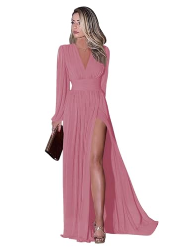 Infuness Langärmliges Brautjungfernkleid für Damen Elegantes Chiffon V-Ausschnitt formelles Ballkleid mit Schlitz Hochzeits Partykleid Abendkleid lang von Infuness