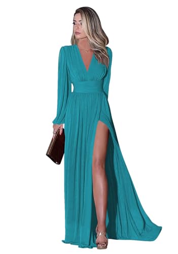 Infuness Langärmliges Brautjungfernkleid für Damen Elegantes Chiffon V-Ausschnitt formelles Ballkleid mit Schlitz Hochzeits Partykleid Abendkleid lang von Infuness
