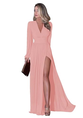 Infuness Langärmliges Brautjungfernkleid für Damen Elegantes Chiffon V-Ausschnitt formelles Ballkleid mit Schlitz Hochzeits Partykleid Abendkleid lang von Infuness