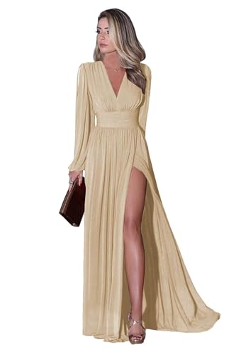 Infuness Langärmliges Brautjungfernkleid für Damen Elegantes Chiffon V-Ausschnitt formelles Ballkleid mit Schlitz Hochzeits Partykleid Abendkleid lang von Infuness