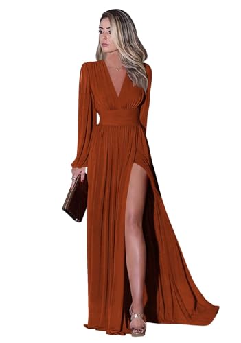 Infuness Langärmliges Brautjungfernkleid für Damen Elegantes Chiffon V-Ausschnitt formelles Ballkleid mit Schlitz Hochzeits Partykleid Abendkleid lang von Infuness