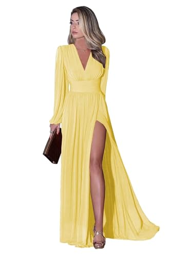 Infuness Langärmliges Brautjungfernkleid für Damen Elegantes Chiffon V-Ausschnitt formelles Ballkleid mit Schlitz Hochzeits Partykleid Abendkleid lang von Infuness