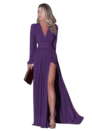 Infuness Langärmliges Brautjungfernkleid für Damen Elegantes Chiffon V-Ausschnitt formelles Ballkleid mit Schlitz Hochzeits Partykleid Abendkleid lang von Infuness