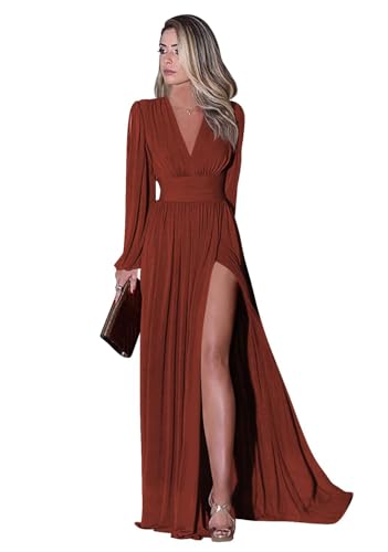 Infuness Langärmliges Brautjungfernkleid für Damen Elegantes Chiffon V-Ausschnitt formelles Ballkleid mit Schlitz Hochzeits Partykleid Abendkleid lang von Infuness