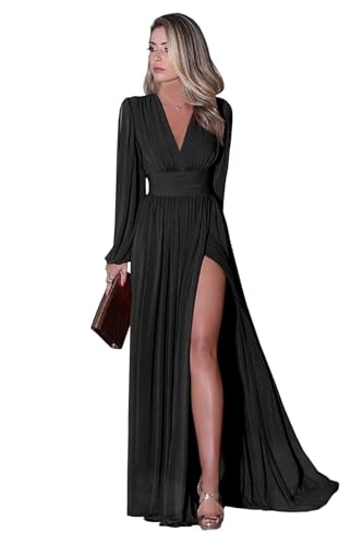 Infuness Langärmliges Brautjungfernkleid für Damen Elegantes Chiffon V-Ausschnitt formelles Ballkleid mit Schlitz Hochzeits Partykleid Abendkleid lang von Infuness