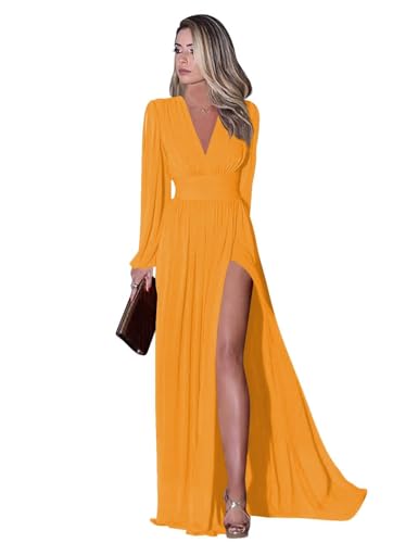 Infuness Langärmliges Brautjungfernkleid für Damen Elegantes Chiffon V-Ausschnitt formelles Ballkleid mit Schlitz Hochzeits Partykleid Abendkleid lang von Infuness