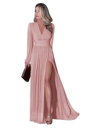 Infuness Langärmliges Brautjungfernkleid für Damen Elegantes Chiffon V-Ausschnitt formelles Ballkleid mit Schlitz Hochzeits Partykleid Abendkleid lang von Infuness