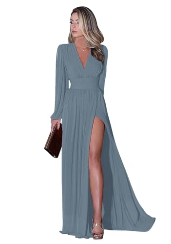 Infuness Langärmliges Brautjungfernkleid für Damen Elegantes Chiffon V-Ausschnitt formelles Ballkleid mit Schlitz Hochzeits Partykleid Abendkleid lang von Infuness