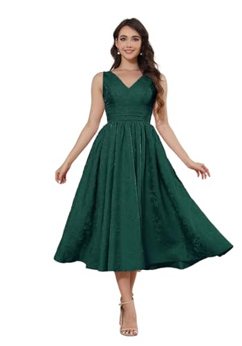 Infuness Satin Jacquard Ballkleid Damen Teelange V-Ausschnitt Formelle Abendkleider Midi Abschlusskleid Abiballkleider Mit Tasche von Infuness