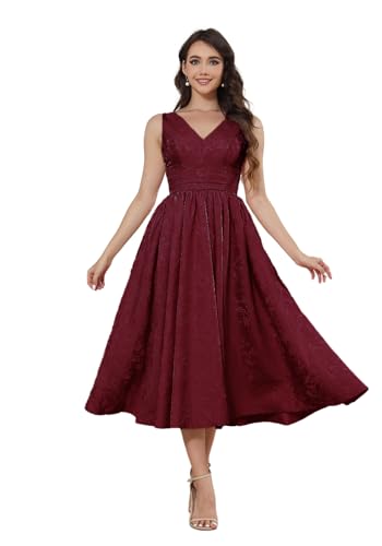 Infuness Satin Jacquard Ballkleid Damen Teelange V-Ausschnitt Formelle Abendkleider Midi Abschlusskleid Abiballkleider Mit Tasche von Infuness