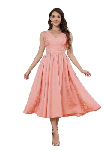 Infuness Satin Jacquard Ballkleid Damen Teelange V-Ausschnitt Formelle Abendkleider Midi Abschlusskleid Abiballkleider Mit Tasche von Infuness