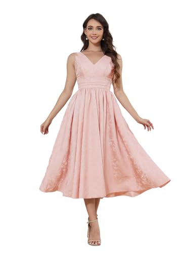 Infuness Satin Jacquard Ballkleid Damen Teelange V-Ausschnitt Formelle Abendkleider Midi Abschlusskleid Abiballkleider Mit Tasche von Infuness