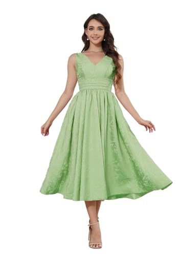 Infuness Satin Jacquard Ballkleid Damen Teelange V-Ausschnitt Formelle Abendkleider Midi Abschlusskleid Abiballkleider Mit Tasche von Infuness