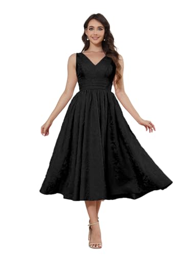 Infuness Satin Jacquard Ballkleid Damen Teelange V-Ausschnitt Formelle Abendkleider Midi Abschlusskleid Abiballkleider Mit Tasche von Infuness