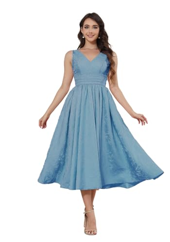 Infuness Satin Jacquard Ballkleid Damen Teelange V-Ausschnitt Formelle Abendkleider Midi Abschlusskleid Abiballkleider Mit Tasche von Infuness