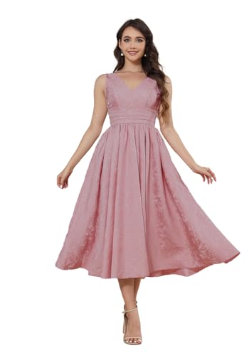 Infuness Satin Jacquard Ballkleid Damen Teelange V-Ausschnitt Formelle Abendkleider Midi Abschlusskleid Abiballkleider Mit Tasche von Infuness