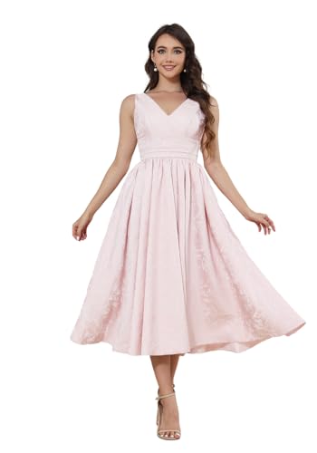 Infuness Satin Jacquard Ballkleid Damen Teelange V-Ausschnitt Formelle Abendkleider Midi Abschlusskleid Abiballkleider Mit Tasche von Infuness