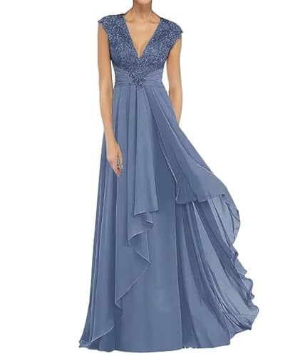 Infuness V-Ausschnitt Abendkleid Für Brautmutter Chiffon Spitzenapplikationen Ballkleid Lange Rüschen Formelle Hochzeit Kleider von Infuness