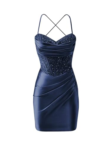 Satin Minikleid Damen Spaghettiträger Pailletten Kurzes Korsett Cocktailkleid Abschlussball Partykleid von Infuness