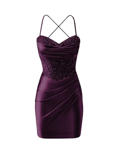 Satin Minikleid Damen Spaghettiträger Pailletten Kurzes Korsett Cocktailkleid Abschlussball Partykleid von Infuness