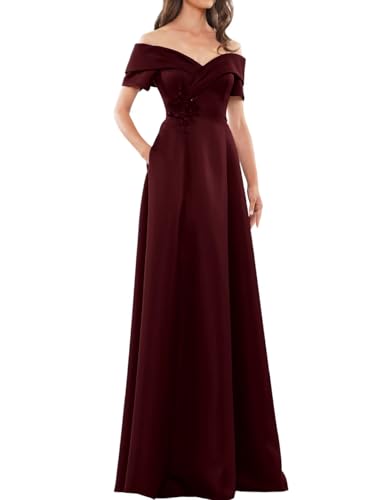 Satin Schulterfreies Brautjungfernkleid für Damen A Line Lang Ballkleider Elegant Hochzeitsgastkleid mit Taschen von Infuness