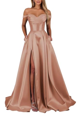 Schulterfreies Satin Lange Ballkleider für Damen Schlitz mit Taschen Abendkleider A-Linie Elegant Lang Brautjungfer Kleid von Infuness