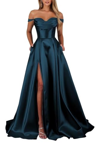 Schulterfreies Satin Lange Ballkleider für Damen Schlitz mit Taschen Abendkleider A-Linie Elegant Lang Brautjungfer Kleid von Infuness