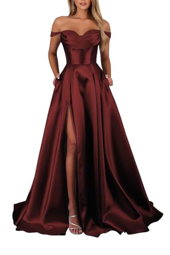 Schulterfreies Satin Lange Ballkleider für Damen Schlitz mit Taschen Abendkleider A-Linie Elegant Lang Brautjungfer Kleid von Infuness